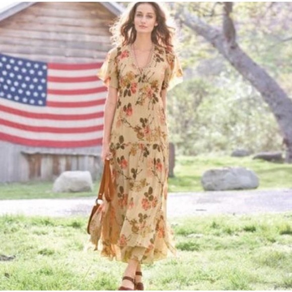 Sundance Dress Womens Silk Neutral Floral Maxi Dress Boho Romantic Roses Tan 6 - Picture 1 of 12